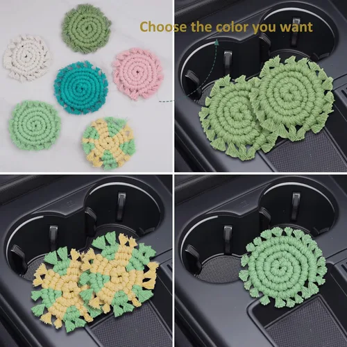 Miniatura 5 de Paquete de 2 posavasos de algodón para portavasos de automóvil, portavasos de automóvil, soportes para bebidas, lindos soportes de macramé bohemios