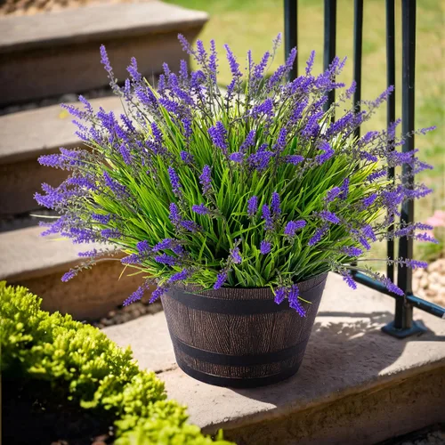 Miniatura 4 de Ammyoo Plantas artificiales de plástico para decoraciones al aire libre, hierba falsa de mono para el porche y patio exterior, plantas verdes Morado