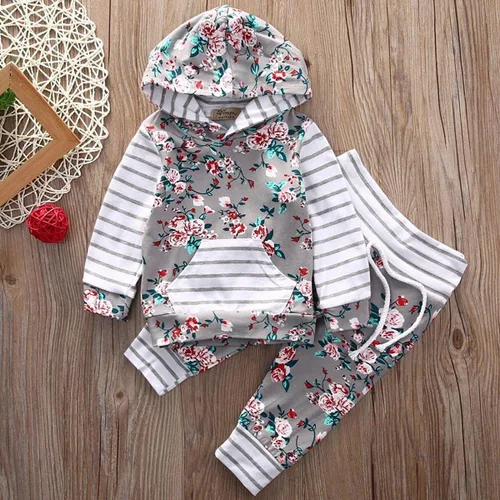 Miniatura 6 de Conjunto de dos piezas con sudadera de flores, con capucha, bolsillo y pantalones a rayas, para bebé (niña), 0-6 meses, gris