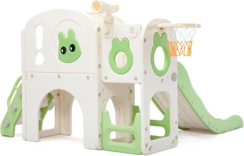 Miniatura 3 de Jaxpety Juego de tobogán y escalador 8 en 1 para niños pequeños, parque infantil con escaleras, túnel, telescopio, almacenamiento, aro de baloncesto