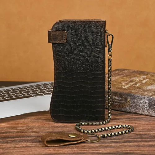 Miniatura 5 de Genuino caballo loco cuero viaje regalo moneda bolsillo tarjeta caso largo organizador cadena Rfid monedero con broche para hombres hombres 1088