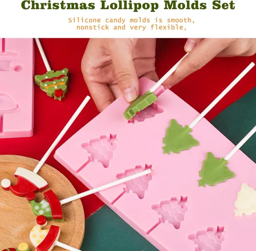Miniatura 6 de Paquete de 3 moldes para piruletas de silicona para caramelos duros de chocolate, molde de goma de Navidad con 100 palitos de chupón (12 cavidades)