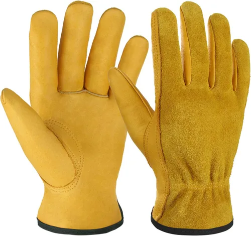 Miniatura 14 de OZERO Guantes de trabajo de piel de vaca con agarre flexible para cortar madera, construcción, conducción de camiones, jardín/patio para trabajo Oro