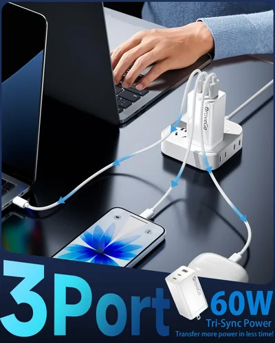 Miniatura 4 de Bloque de cargador de 65 W, adaptador de carga rápida de 3 puertos, tecnología GaN, bloque de enchufe de pared compacto, peso ligero para viajes