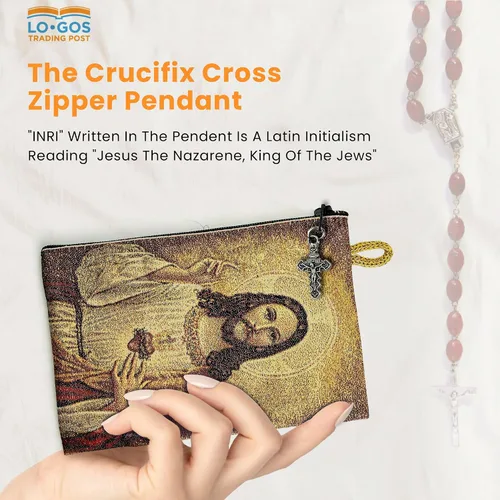 Miniatura 4 de Bolsa de rosario católico, Sagrado Corazón de Jesús y Corazón Inmaculado de María, 4 x 6 pulgadas, joyería y monedero con cruz, pequeña bolsa tejida