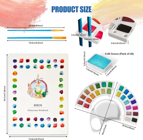 Miniatura 5 de Libro de trabajo de acuarela, libro para colorear con 13 páginas de papel de 300GSM, juego de pintura de acuarela de 26 colores con pincel y bolsa