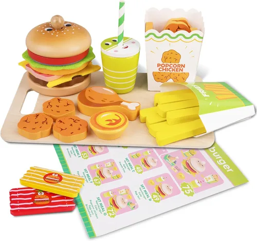 Miniatura 8 de Montessori Toys - Juego de comida de juguete para niños de 3, 4 y 5 años, cocina de madera de juego de comida rápida con hamburguesas, papas fritas
