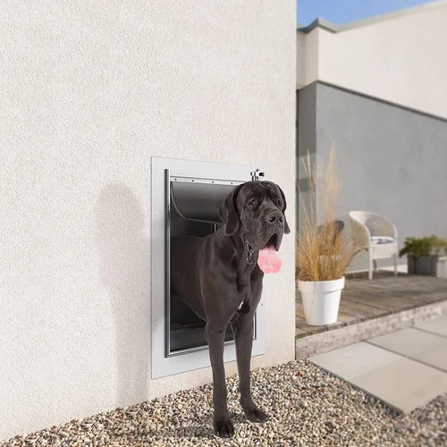 Miniatura 8 de Puerta para mascotas Baboni para pared, 3 solapas, marco de acero y túnel telescópico, cerradura de aluminio, puerta doble para perros y gatos