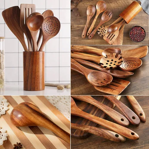 Miniatura 4 de Juego de utensilios de cocina de madera de teca, 7 piezas, utensilios de cocina de madera, incluye espátula