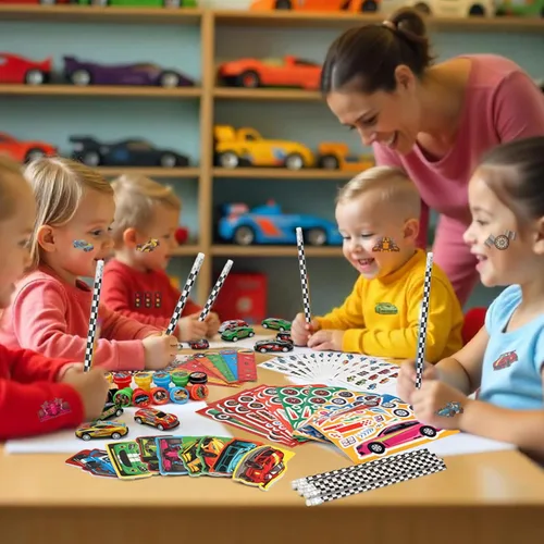 Miniatura 5 de BenLouis 96 piezas de recuerdos de fiesta de autos de carreras con tema de carreras, juego de papelería escolar a granel para niños, ruedas