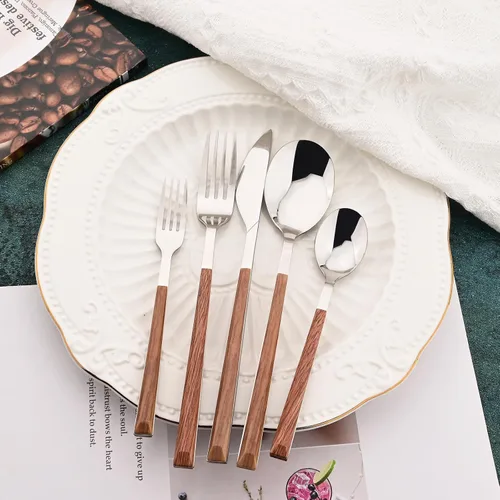 Miniatura 4 de Juego de cubiertos con cuchillos para carne, 48 piezas, juego de cubiertos para 8 cubiertos de acero inoxidable con mango de grano de madera