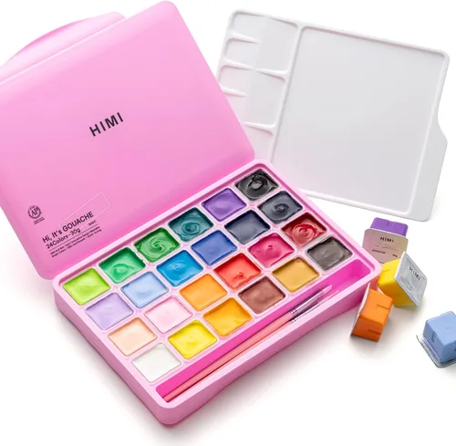 Miniatura 7 de HIMI Juego de pinturas gouache con 3 pinceles, 24 colores, 30 g, diseño de cápsula de gelatina, pintura no tóxica para lienzo y papel, suministros