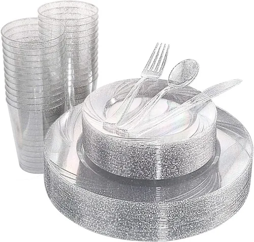 WDF 150 platos de plástico plateados desechables – Las decoraciones de fiesta Winter Wonderland incluyen 50 platos de cena y ensalada, 25 tenedores,