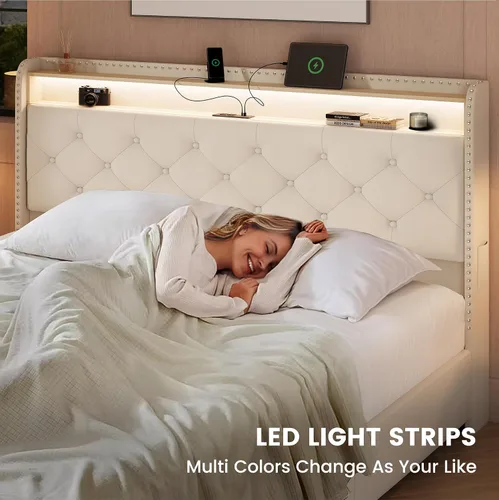 Miniatura 6 de LARMACE Base de cama tamaño Queen con 4 cajones de almacenamiento y estación de carga, marco de cama tapizado de terciopelo con cabecera LED, sin