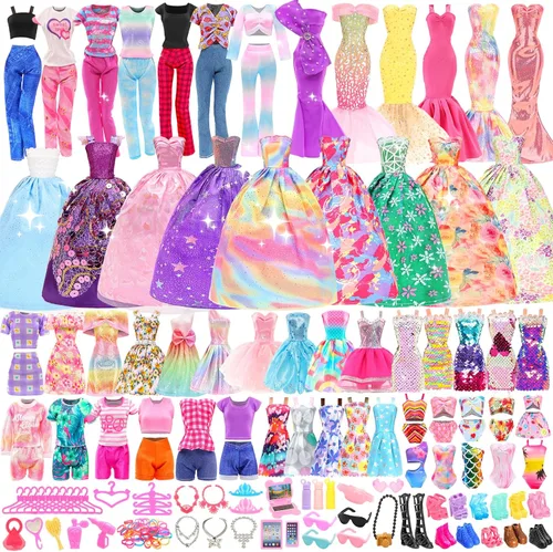 BARWA - Paquete de 116 prendas y accesorios para muñecas, 5 vestidos de novia, 9 vestidos de moda, vestido deslizante, 3 tops, 3 pantalones, 2
