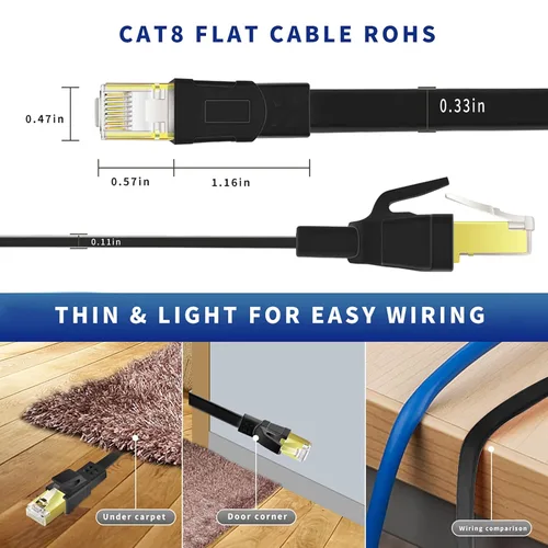 Miniatura 3 de Cable Ethernet CAT8 de 25 pies, cable de red LAN de alta velocidad y resistente Cat8 de 40 Gbps, 2000 MHz con conector RJ45 chapado en oro para Negro