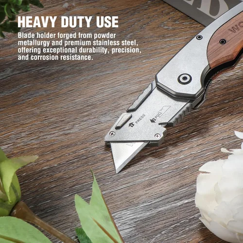 Miniatura 3 de WORKPRO - Cuchillo utilitario plegable, cortador de caja de cambio rápido con cabezal de acero inoxidable y bloqueo de alineación, mango de madera