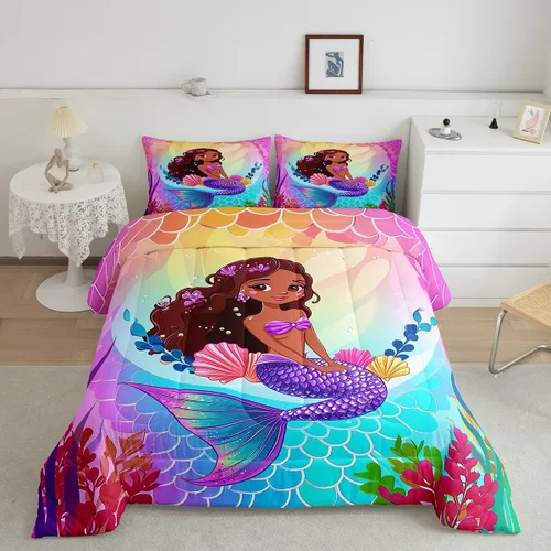 Miniatura 20 de Erosebridal Juego de edredón de sirena para niños, tamaño matrimonial, para niñas, ropa de cama de sirena brillante azul y rosa, juego de ropa