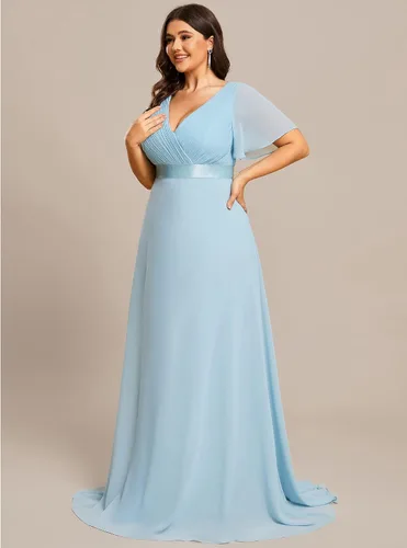 Miniatura 85 de Ever-Pretty Vestido formal para mujer, Navidad, Año Nuevo, cuello en V, gasa, talla grande, largo hasta el suelo, vestido de dama de honor