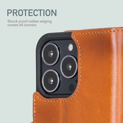 Miniatura 7 de Bayelon Funda para iPhone 13 Pro Max, funda de piel de grano completo, funda magnética con ranuras para tarjetas, función atril (bronceado rústico)