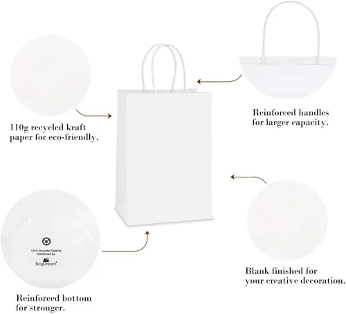 Miniatura 5 de BagDream Bolsas de regalo, 100 bolsas pequeñas de papel kraft de 5.25 x 3 x 8 pulgadas con asas a granel, bolsas de papel blanco para bodas, fiestas