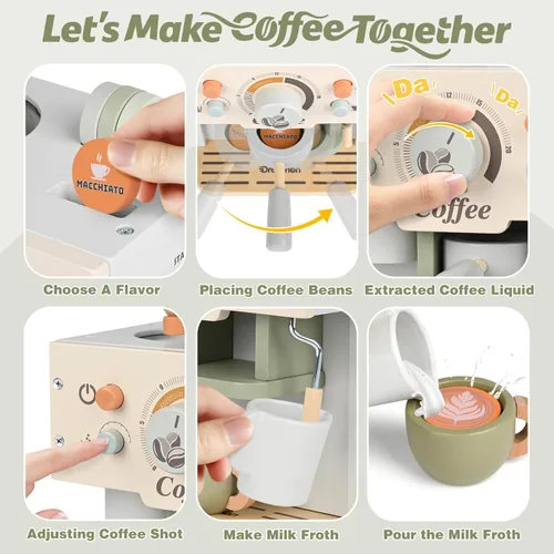 Miniatura 4 de Dreamon Cafetera de Juguete para Conjunto de Cocina de Niños, Accesorios de Cocina de Madera Juego de Simulación Conjunto de Juego de Café