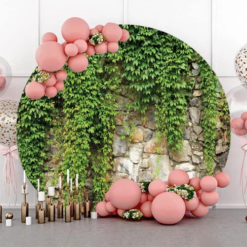 Miniatura 3 de Leyiyi Fondo redondo de hojas de jardín de primavera de 3 x 3 pies, diseño de plantas de jardinería, grunge, pared de piedra verde, cubierta de rama