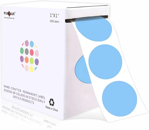 Miniatura 54 de PARLAIM Pegatinas adhesivas permanentes redondas de 1 pulgada con código de color en forma de puntos, 1000 por rollo, caja dispensadora de Azul