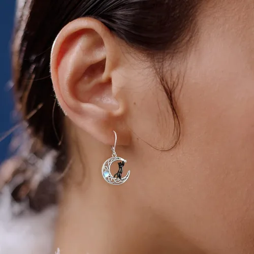 Miniatura 14 de Aretes colgantes de plata de ley con diseño de árbol de la vida, flor, abeja, animales, gato, colibrí, piedra lunar, turquesa, aretes con cierre