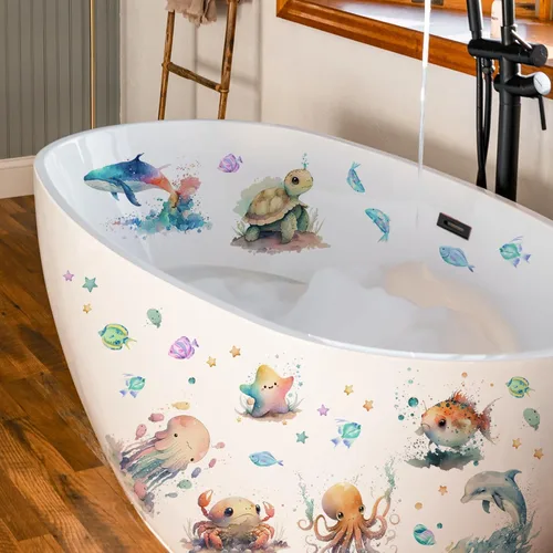 Runtoo Calcomanías de pared bajo el mar, diseño de tortuga, medusas, vida marina, subacuática, para baño, bebé, guardería, niños, decoración de pared