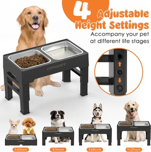 Miniatura 2 de URPOWER Cuencos elevados para perros, soporte elevado ajustable de 4 alturas con 2 cuencos grandes de acero inoxidable para alimentos y agua