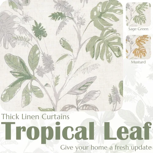 Miniatura 6 de Jinchan Cortinas de lino para sala de estar de 63 pulgadas de largo, con estampado de hojas tropicales, cortinas botánicas de lino estilo rústico