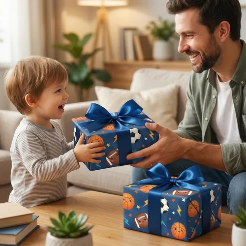 Miniatura 3 de SaringSwoon Papel de regalo para baby shower para niños y niños, papel de regalo de pelota deportiva azul con diseño de baloncesto, fútbol, béisbol