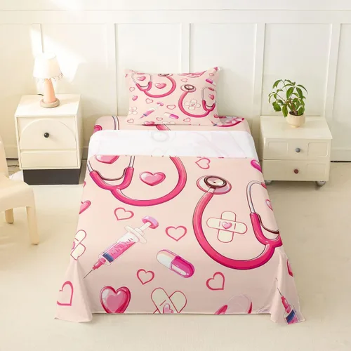Miniatura 71 de Erosebridal Nurse Sheet Set Stethoscope Twin Sheets Set for Teen Boys,Colorful Medical Healthcare Heartbeat Syringe Fitted Sheet