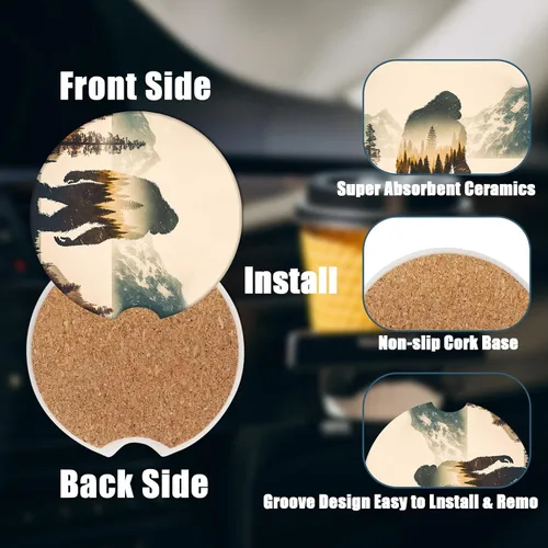 Miniatura 3 de Posavasos para Portavasos de Automóvil - Bigfoot Mountains Forest Posavasos de Cerámica Absorbente 2 Unidades, Posavasos para Automóvil