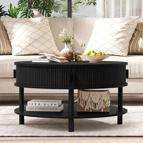Miniatura 8 de XUZENEST - Mesa de café redonda de 31.5" con almacenamiento, mesa de café de 2 niveles de mediados de siglo moderna con puerta deslizante de tambor