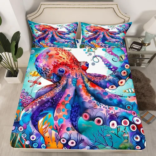 Miniatura 25 de Erosebridal Juego de sábanas bajeras de pulpo oceánico, tamaño individual, juego de ropa de cama temática de playa costera, decoración náutica