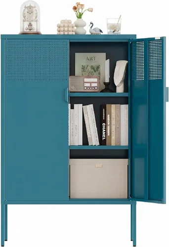 Miniatura 9 de Gabinete de almacenamiento de metal, soporte de TV de 2 puertas, gabinete de acento de malla metálica, cierre de puerta magnético, gabinetes de Negro