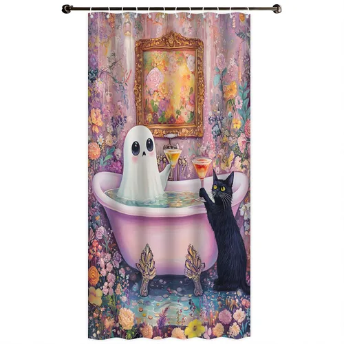 Divertida cortina de ducha de fantasma, diseño de fantasma, rosa, floral, lindo fantasma toma una bañera en flor, Halloween, gato negro, academia,