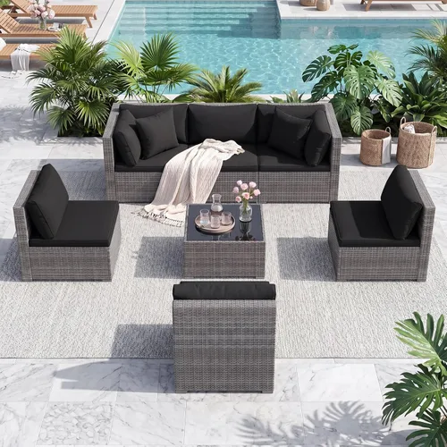 Miniatura 3 de Tangkula Juego de 2 sofás de mimbre para exteriores, sin brazos, juego de sofá modular de ratán para patio con 2 cojines de asiento gruesos y 2