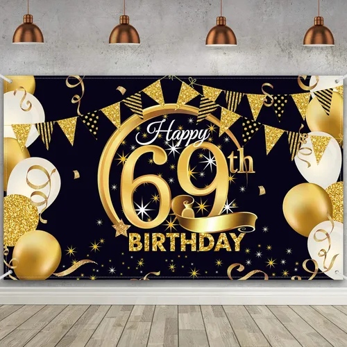 Miniatura 22 de Decoración de fiesta de cumpleaños número 15, cartel póster de tela extra grande negro y dorado para telón de fondo de cabina de fotos