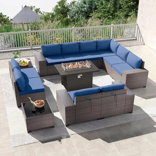 Miniatura 33 de Kullavik Juego de 13 muebles de patio al aire libre con mesa de fogata de gas propano de 43 pulgadas, 55000 BTU, mimbre de polietileno, sofá Arena