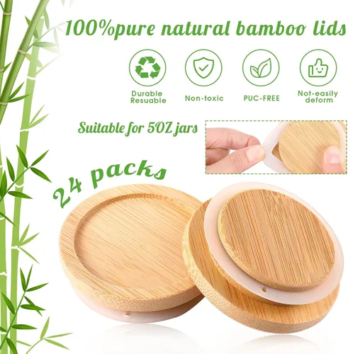 Miniatura 2 de Juego de tapas para tarros de yogur, madera de bambú con anillos de sellado de silicona, tarro de conservas de bambú de boca ancha Oui tapas para un