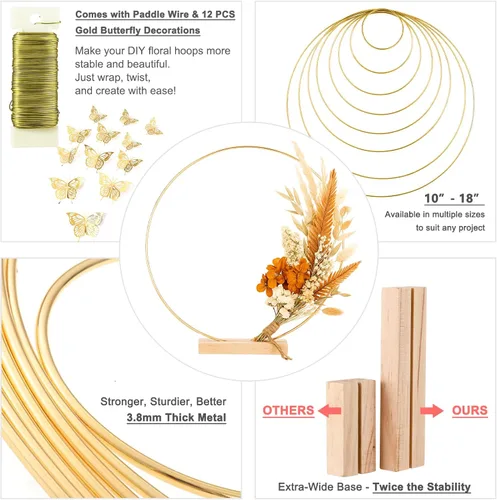 Miniatura 4 de Paquete de 10 aros florales con soporte de madera de 10 pulgadas, anillos de metal para centros de mesa de bricolaje, decoraciones de mesa