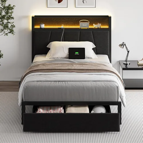 Miniatura 12 de Cikunasi Base de cama tamaño Queen con cabecero y almacenamiento, base de cama con plataforma de cajones con estación de carga y luz LED, Gris