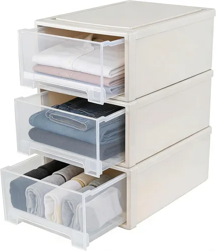 Paquete de 3 cajones de almacenamiento apilables, organizadores de maquillaje de baño de 6.6 pulgadas de alto, cajones de plástico de 18 cuartos de