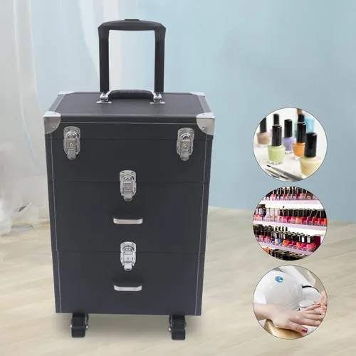 Miniatura 2 de DYRABREST Estuche de tren de maquillaje profesional con cerradura, estuche organizador de viaje de maquillaje de gran capacidad, con ruedas
