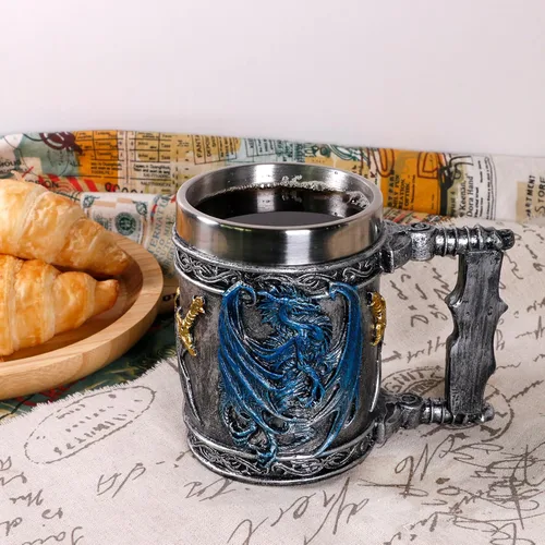 Miniatura 6 de Taza medieval de dragón azul D&D Game Mug of Throne Merchandise Beer Steins Viking Tankard Taza de café de acero inoxidable Tazas de regalo