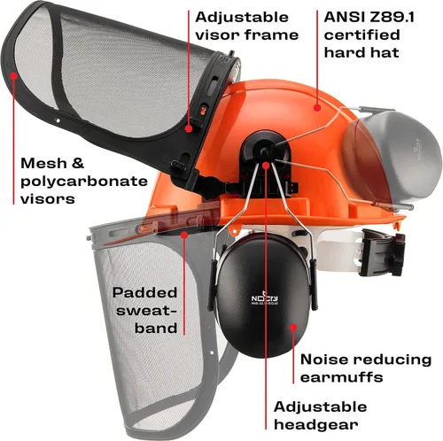 Miniatura 3 de NoCry Casco de seguridad forestal industrial 6 en 1 y sistema de protección auditiva; lentes de seguridad naranja y transparente para hombres