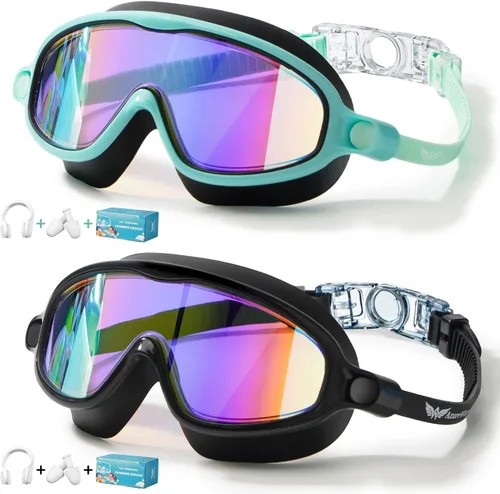 Paquete de 2 gafas de natación para niños, sin fugas, antivaho, anti-UV, para niños y niñas de 4 a 14 años Espejo verde y espejo negro